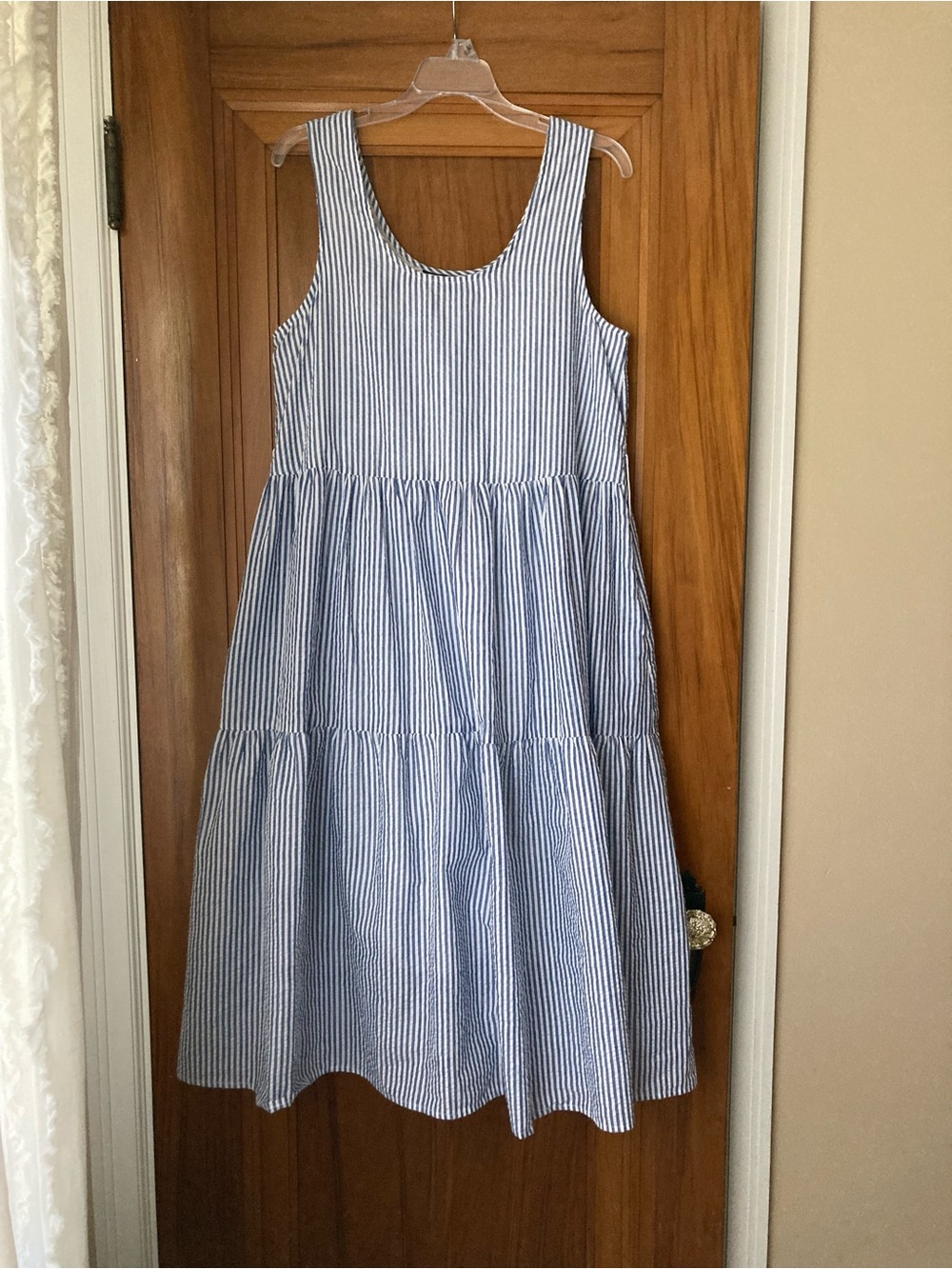 Kiel James Patrick / Seaside blue striped seersucker tiered Midi Sundress - Picture 3 of 14